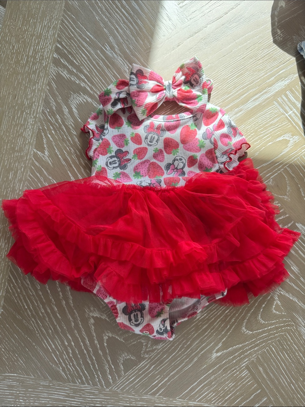 Disney Minnie Mouse Strawberry Print Red Tutu Bodysuit with Bow